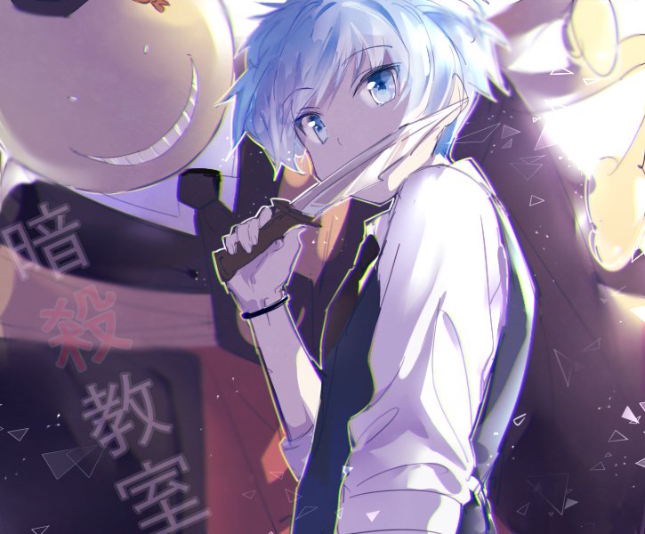 Anime-style image featuring Nagisa Shiota holding a knife, with Koro-sensei’s smiling face in the background from Assassination Classroom.