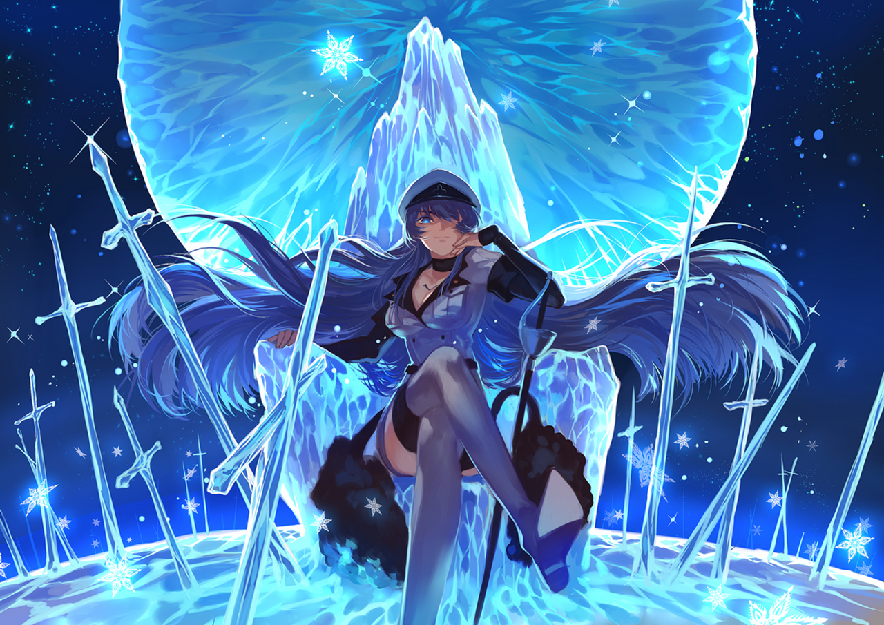 Esdeath (Akame Ga Kill!) seated on an ornate ice throne, legs crossed, surrounded by floating ice swords and a glowing crystalline halo — cold, commanding anime portrait.