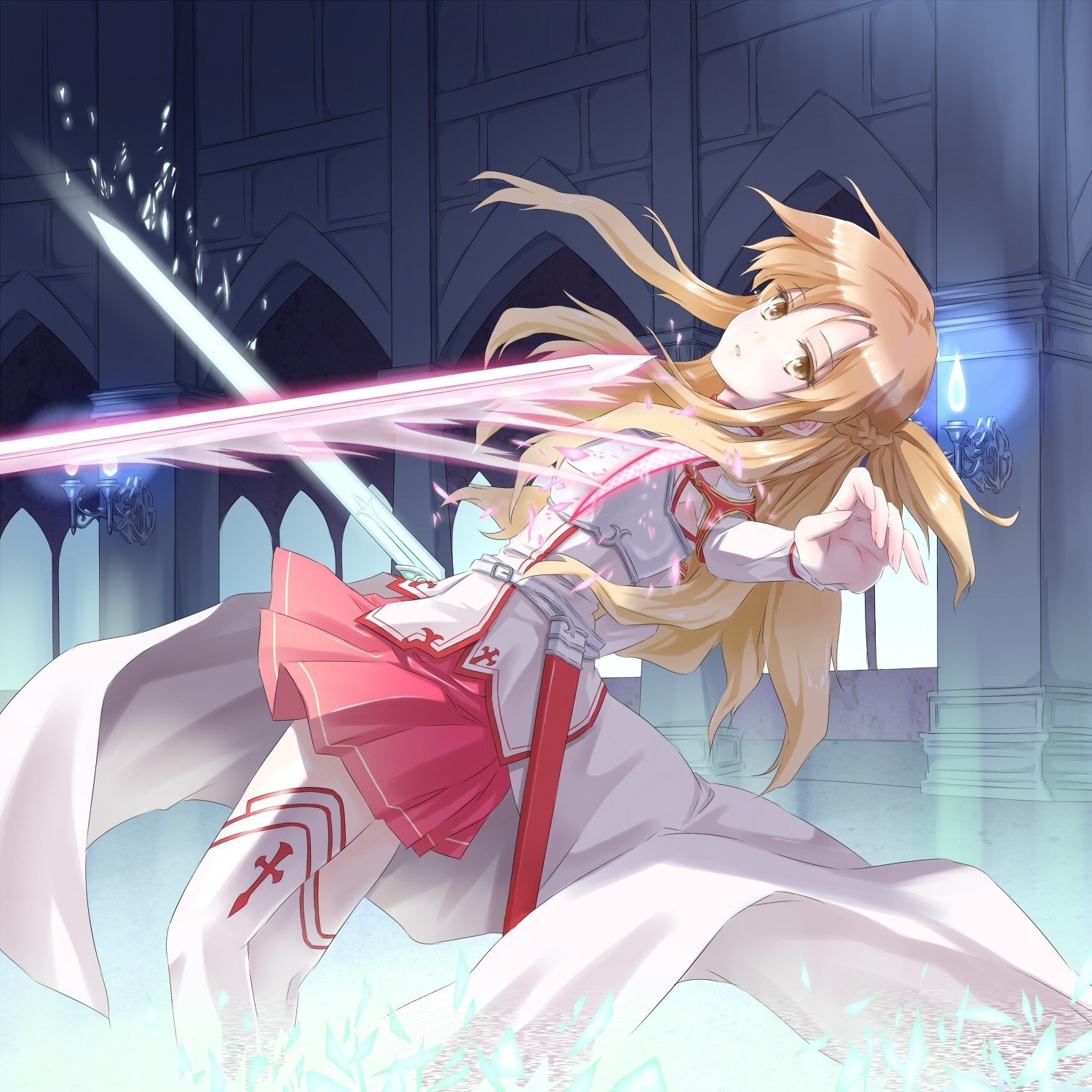 Anime-style image from Sword Art Online depicting a female character with long hair wielding glowing swords in a grand, cathedral-like setting.
