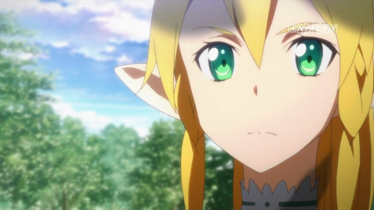 Leafa from Sword Art Online with green eyes and blonde hair, set against a bright blue sky and green foliage background in anime style.