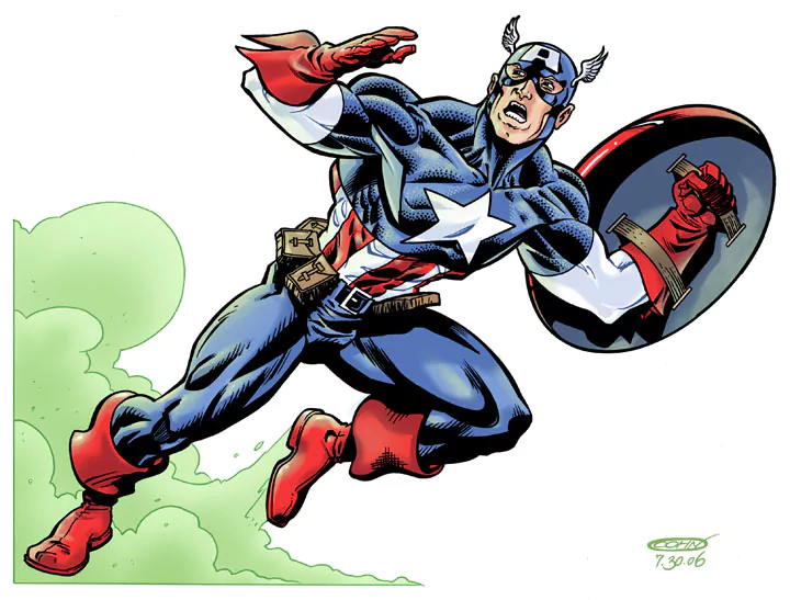 Captain America leaps into action, showcasing his iconic costume and shield in this vibrant comic illustration. His determined expression conveys bravery and heroism.