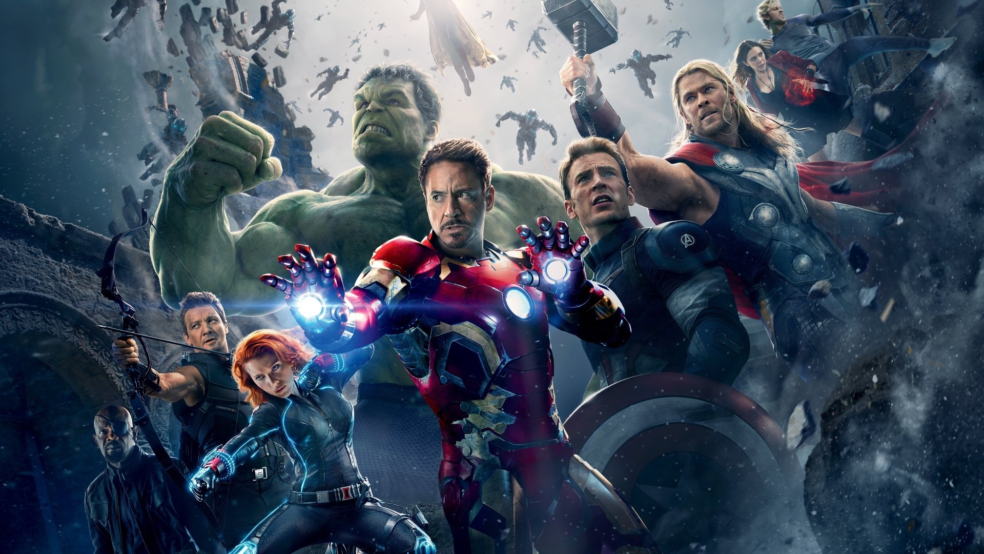 Avengers: Age of Ultron poster with Iron Man front and center, surrounded by Hulk, Thor, Black Widow and other Avengers amid a chaotic sky battle.