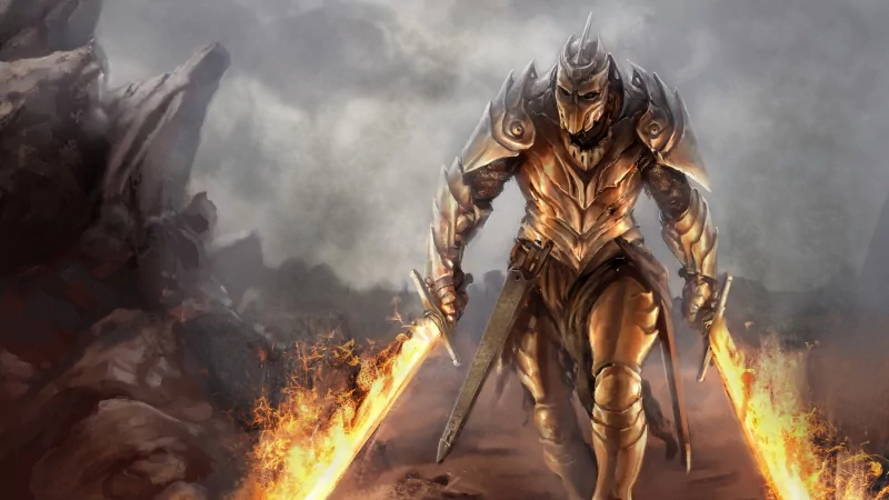 A fantasy warrior clad in ornate armor wields two flaming swords, emerging powerfully through a smoky, battle-scarred landscape.
