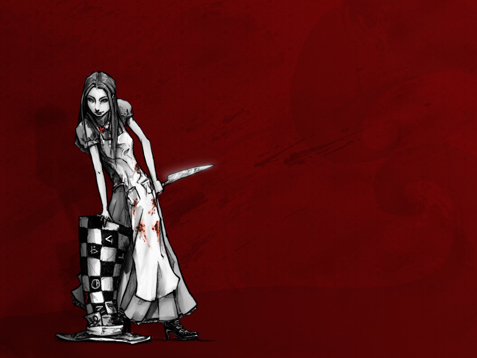 Dark, scary scene: a pale, blood-streaked girl in a tattered dress holds a knife and leans on a tall checkered top hat against a deep red background.