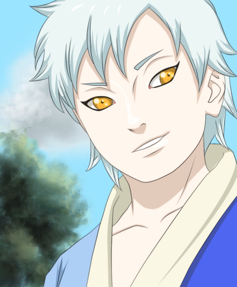 Portrait of Mitsuki (Naruto) from Boruto: Naruto the Movie — white hair, golden eyes, soft smile, blue robe with sky and trees in the background.