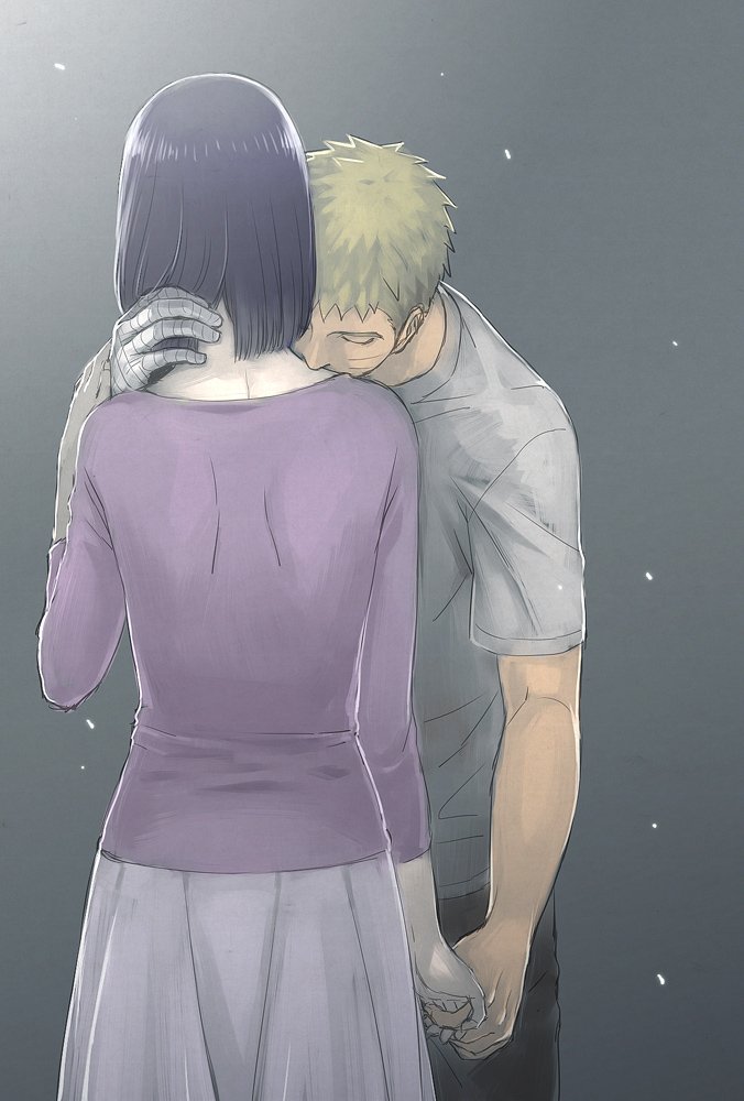 Hinata Hyuga and Naruto Uzumaki share an intimate moment, holding hands as Naruto gently kisses Hinata's head, set in a soft, ethereal atmosphere.