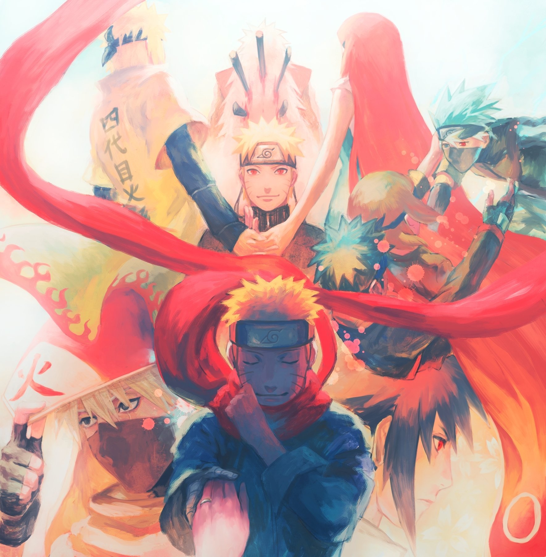 A vibrant anime art featuring Rin Nohara, Obito Uchiha, Kakashi Hatake, Kushina Uzumaki, Minato Namikaze, and Naruto Uzumaki from the beloved series Naruto.