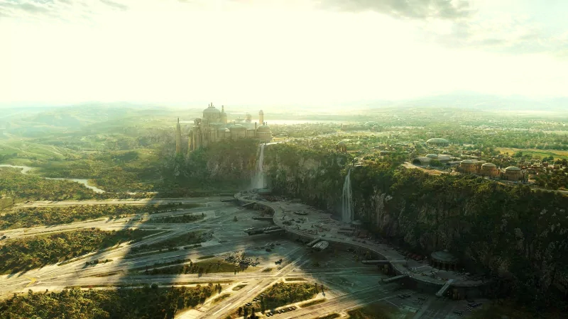 A vast sci-fi landscape featuring a cliffside city with cascading waterfalls, evoking the epic world-building style of Star Wars.