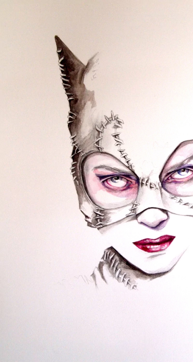 A detailed watercolor illustration of Catwoman from comics, highlighting her stitched mask, intense eyes, and bold red lips on a light background.