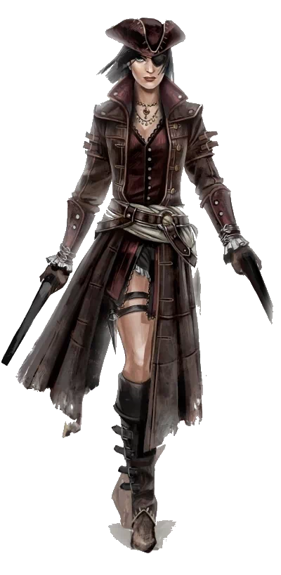 Character from the video game Assassin's Creed IV: Black Flag wears a dark pirate outfit, including a tricorn hat, eyepatch, long coat, and holds two pistols.