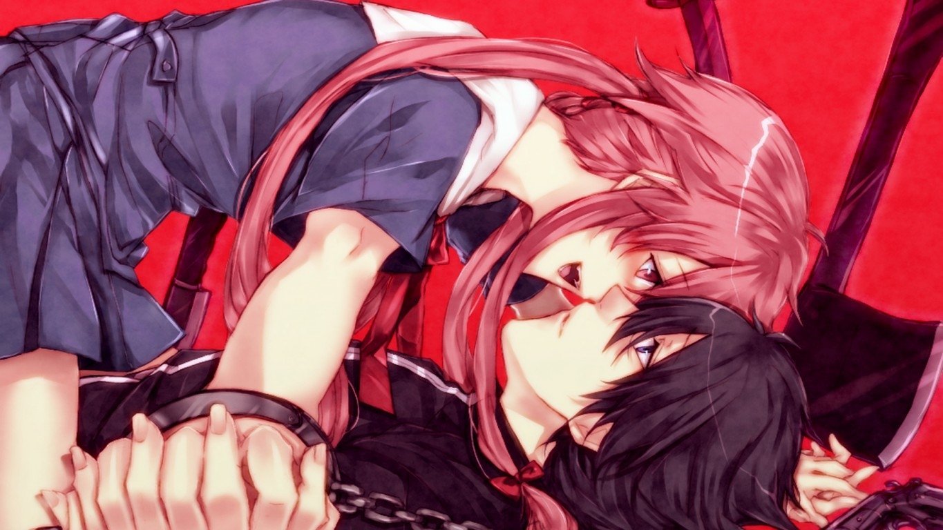 Mirai Nikki anime: Yuno Gasai clutches Yukiteru Amano in a tense, intimate embrace — pink-haired girl above dark-haired boy against a crimson background.