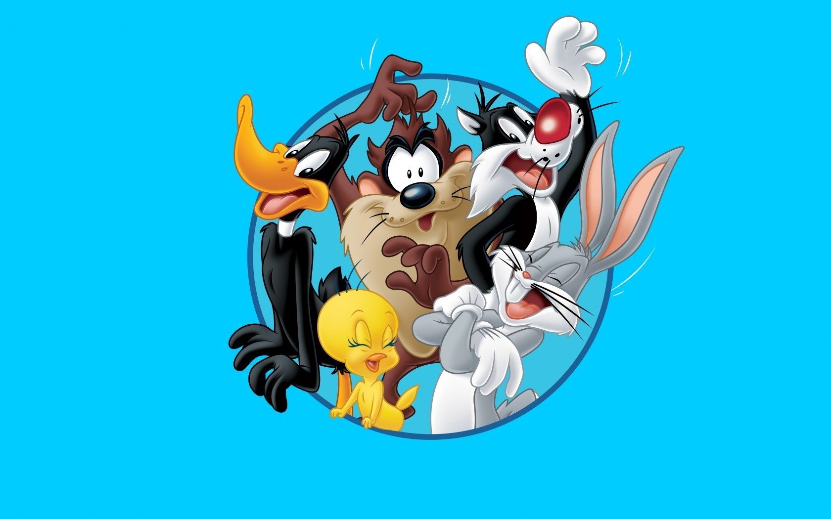 Group of iconic Looney Tunes characters including Bugs Bunny, Daffy Duck, Tweety, Taz, and Sylvester against a blue background, representing the classic TV show.