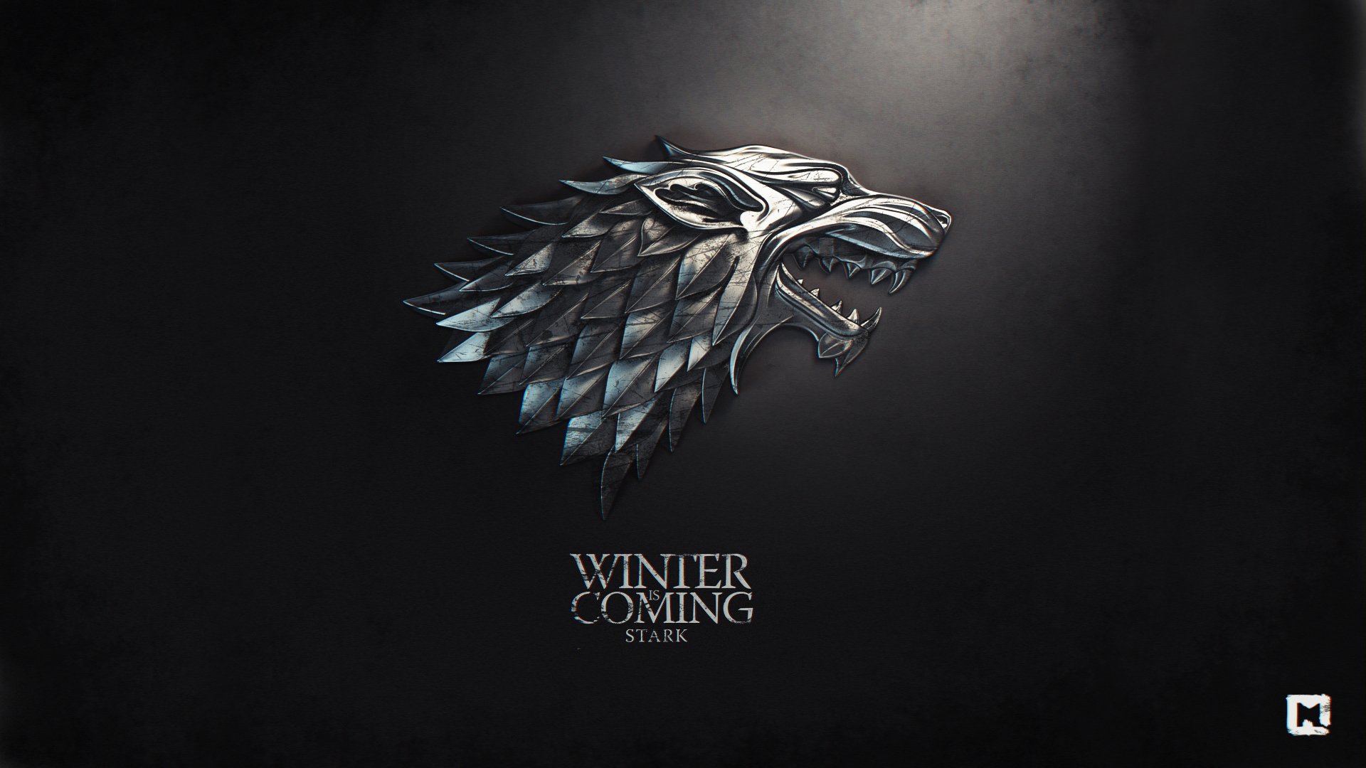 House Stark's snarling direwolf sigil with the motto Winter Is Coming on a dark textured background — Game of Thrones.