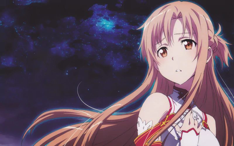 Asuna Yuuki from Sword Art Online gazes thoughtfully against a starry night sky in this anime scene.