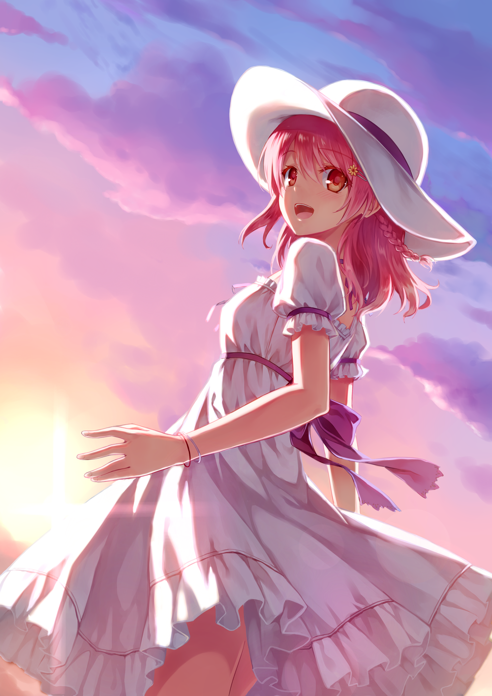 Anime girl with pink hair in a flowing white sundress and wide-brim hat, smiling as a purple-and-gold sunset and breeze lift her ribbon.