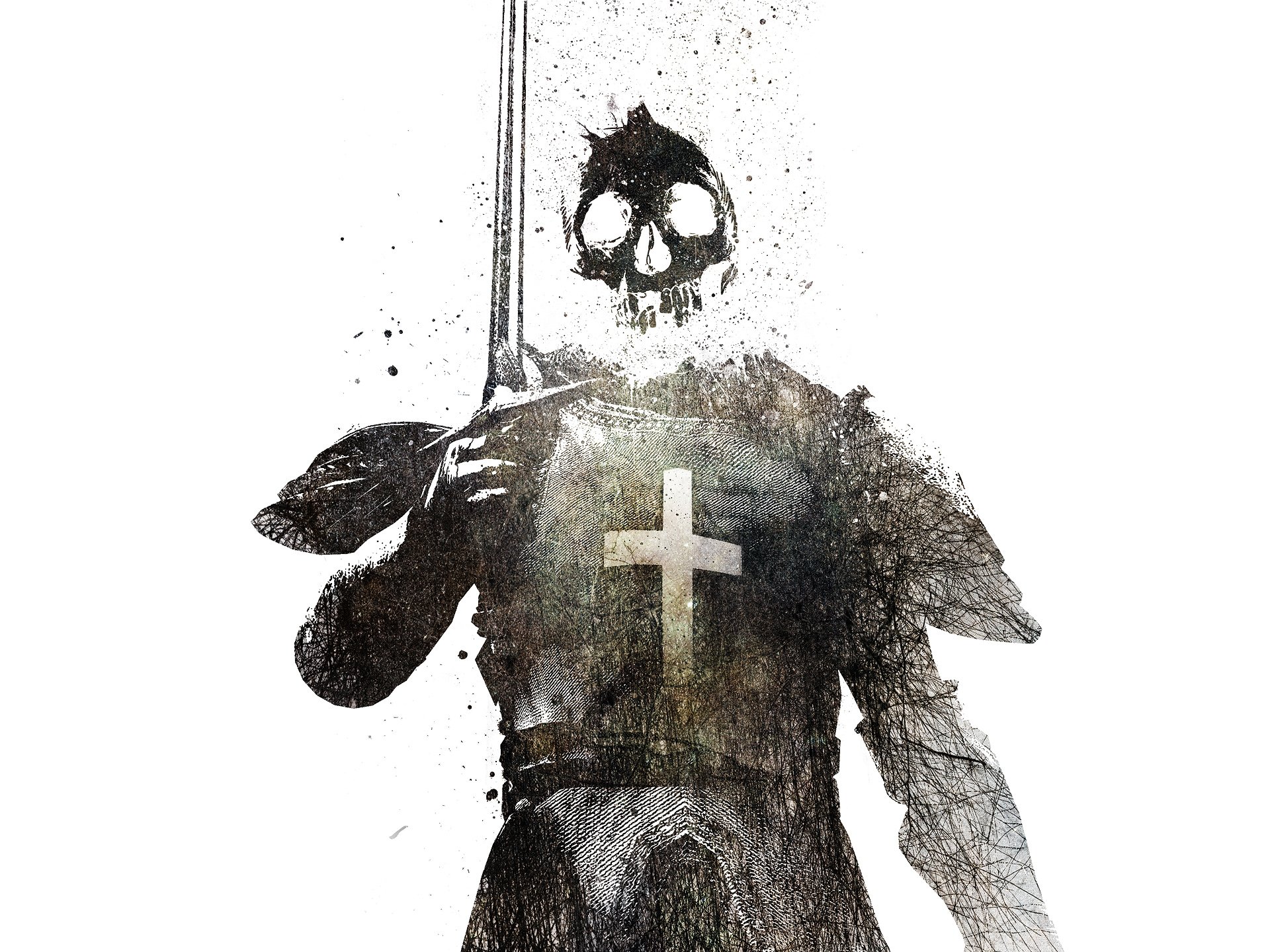 Dark, eerie skeleton knight clad in armor with a cross on the chest, holding a sword against a white background.