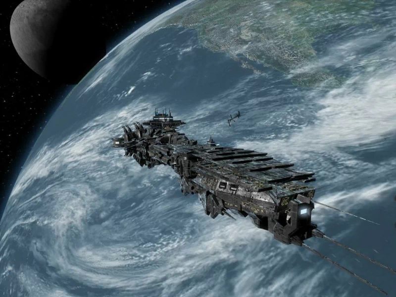 A spacecraft hovers above Earth, showcasing a blend of advanced technology and rustic design, reminiscent of the iconic visuals from the TV show Stargate SG-1.