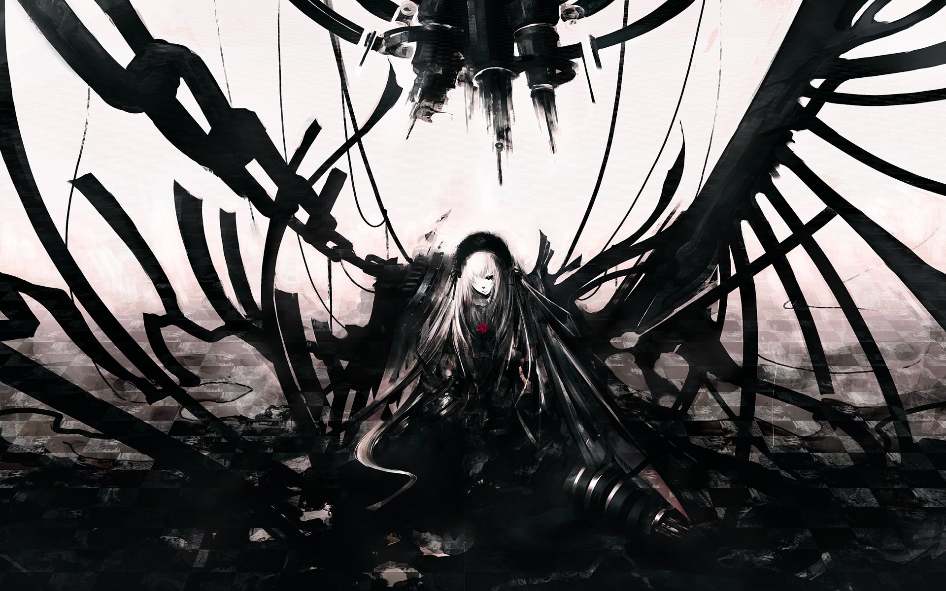 Dark, dramatic anime scene from Rozen Maiden featuring a character entwined with ominous black mechanical wings and cables, set against a bleak background.