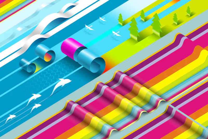 A vibrant, abstract composition featuring bold colors, dynamic shapes, and organic forms, showcasing a playful interplay of lines and patterns across the canvas.