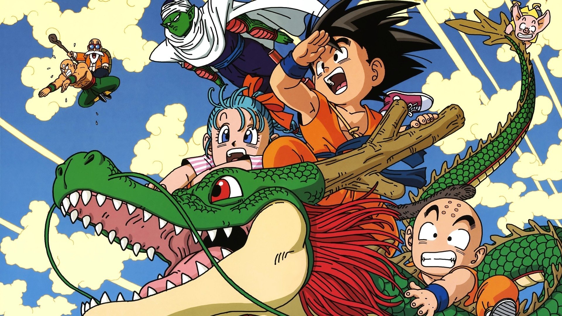 Anime characters from Dragon Ball ride a large green dragon through a bright blue sky filled with clouds, showcasing action and adventure.