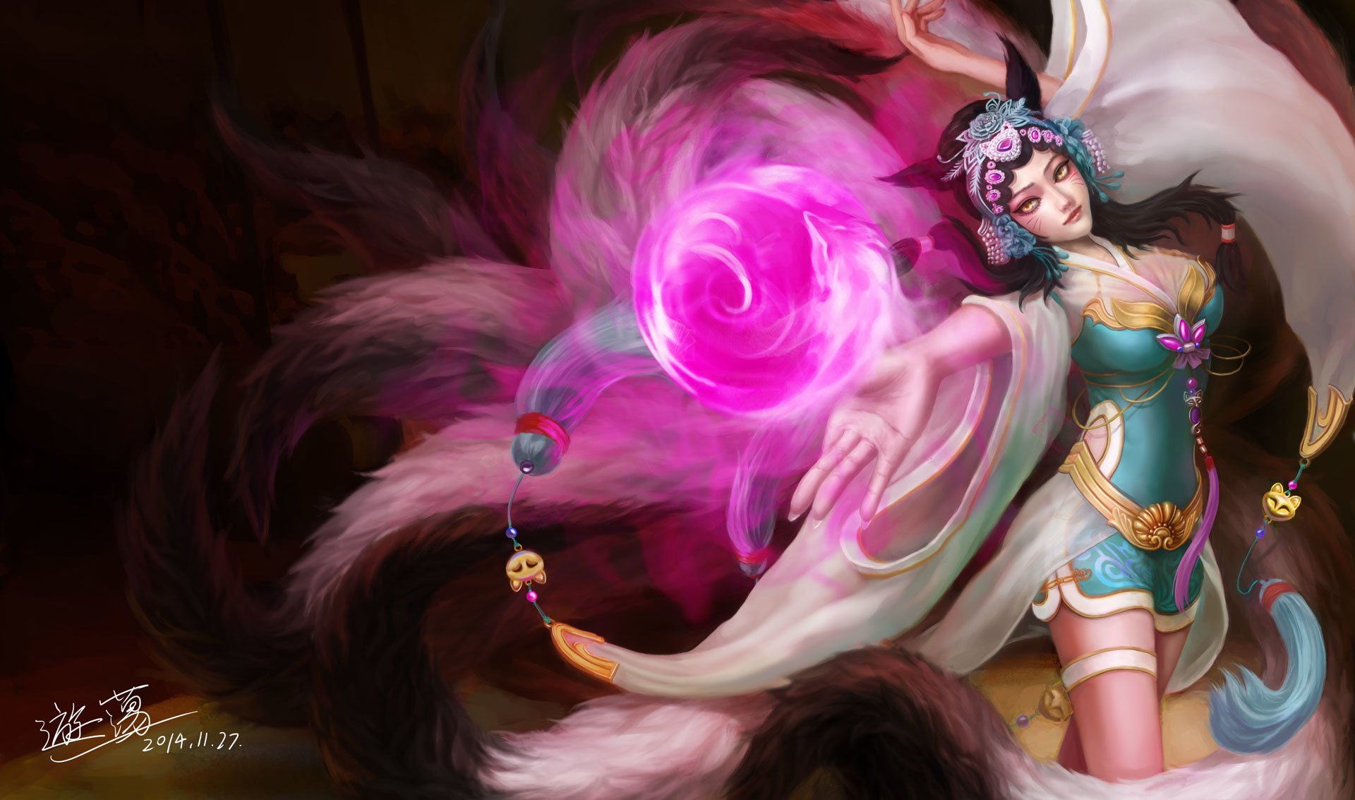 League of Legends video game art of Ahri, the nine-tailed fox, casting a glowing pink orb with flowing tails and ornate robes.
