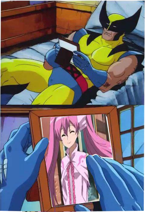 Wolverine in his yellow costume lies on a bed, holding and smiling at a framed photo of Mine from the anime Akame ga Kill!