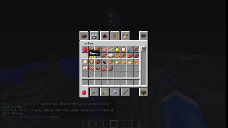 A Minecraft gameplay screenshot showing an inventory menu filled with various food items and tools, set against a nighttime landscape.