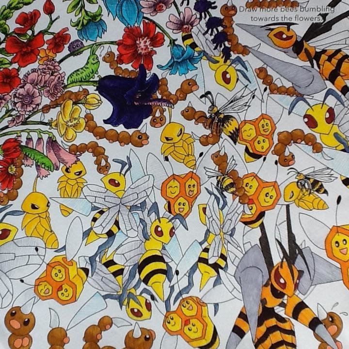 Illustrated video game Pokémon scene: swarms of bee-like Pokémon (Beedrill, Combee and friends) buzzing through dense, colorful flowers and honeycomb-shaped blossoms.