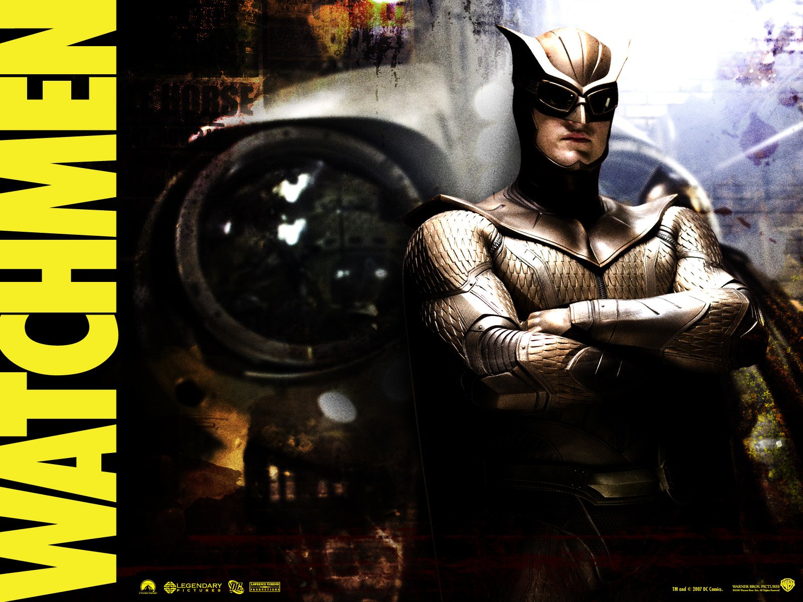 A striking image of a Watchmen comic character in a metallic suit with arms crossed, set against a dark, industrial background with bold yellow WATCHMEN text on the side.