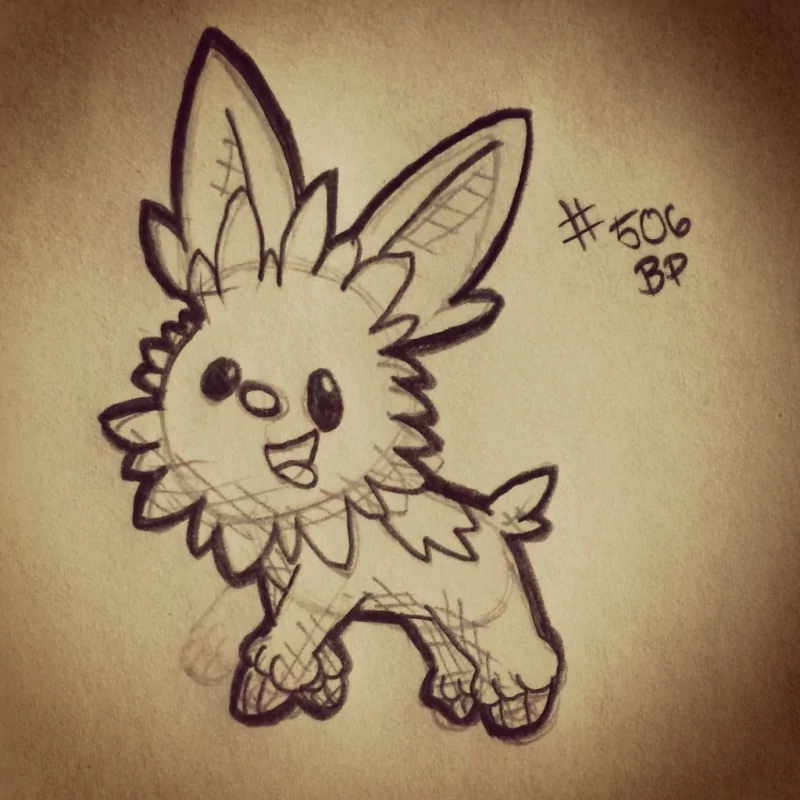 Sketch of a playful Pokémon character #506, drawn in pencil with large ears and a fluffy mane, inspired by the video game series.