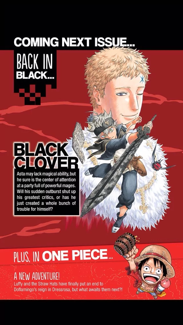 Anime magazine promo page: Black Clover’s Asta wields a dark sword beneath a giant blonde face, while One Piece’s Luffy grins and pokes up from the lower corner.