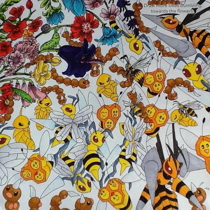 Illustrated video game Pokémon scene: swarms of bee-like Pokémon (Beedrill, Combee and friends) buzzing through dense, colorful flowers and honeycomb-shaped blossoms.