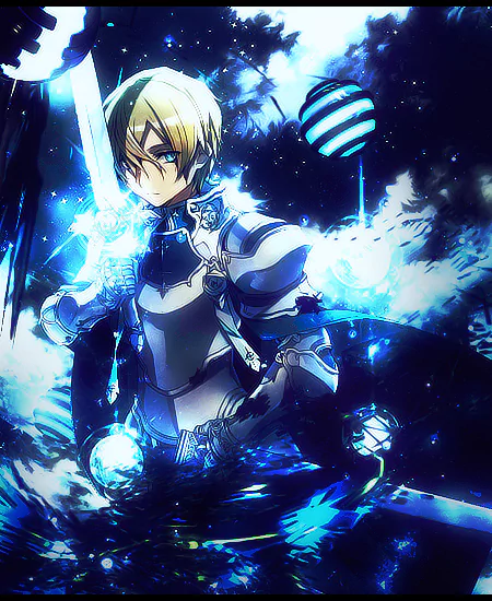 Eugeo from Sword Art Online: Alicization - War of Underworld stands confidently with his sword, surrounded by a mystical backdrop of deep blues and ethereal elements.