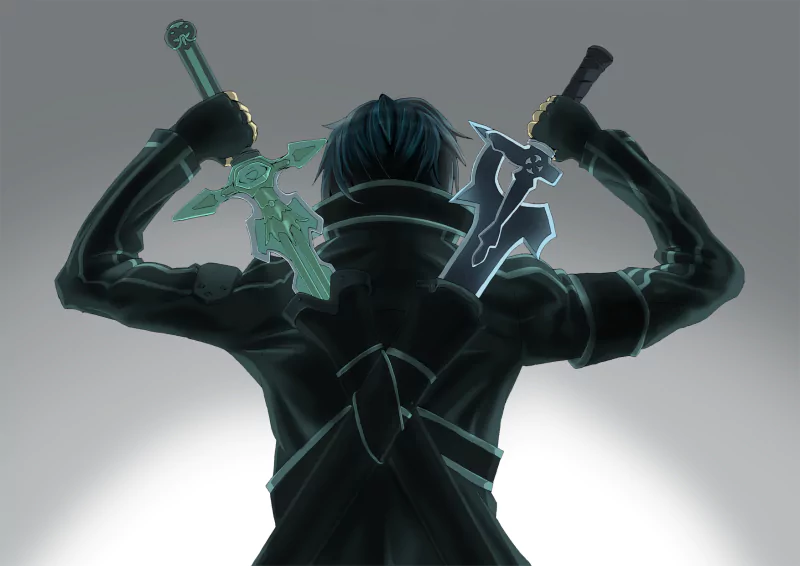 Kirito from Sword Art Online stands with two swords raised behind him, showcasing his fierce determination and strength in this dynamic anime scene.