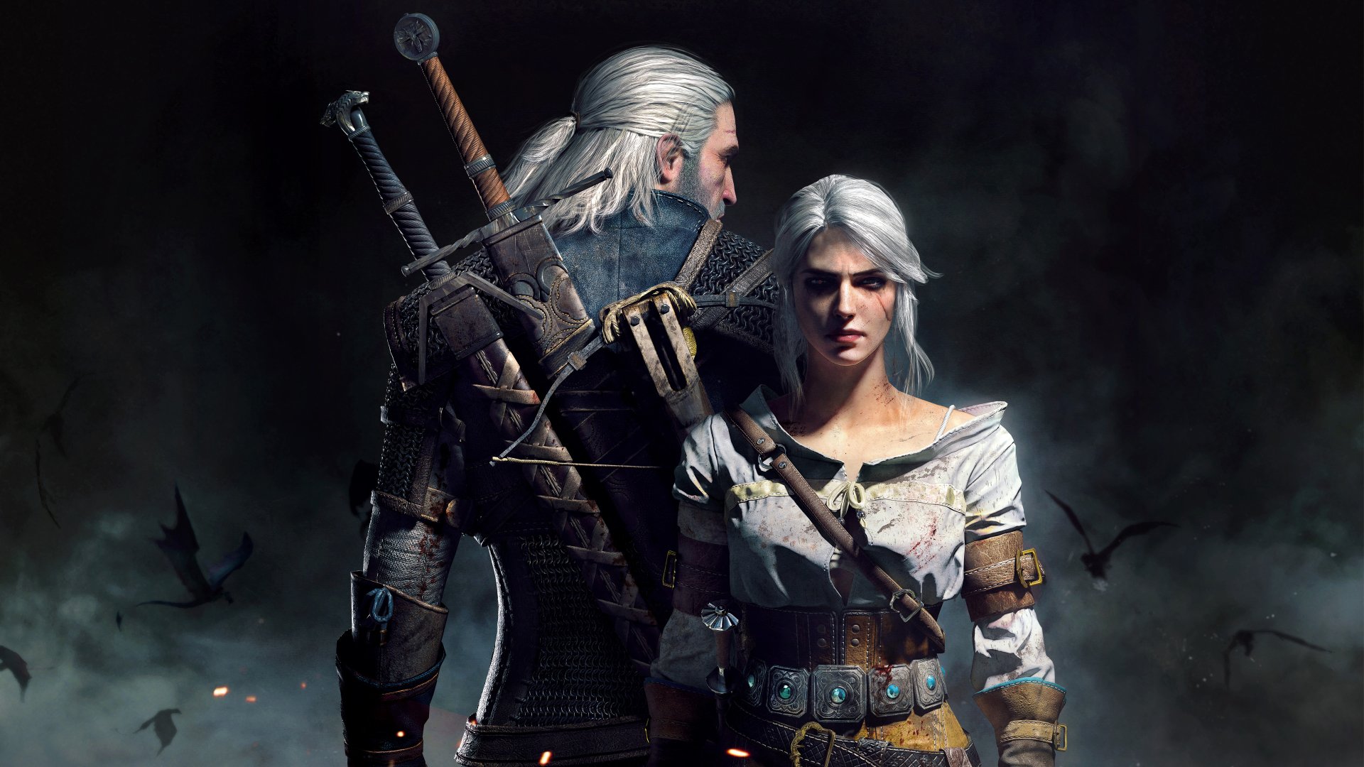 Image from the video game The Witcher 3: Wild Hunt featuring Geralt and Ciri standing back-to-back in a dark, misty environment.
