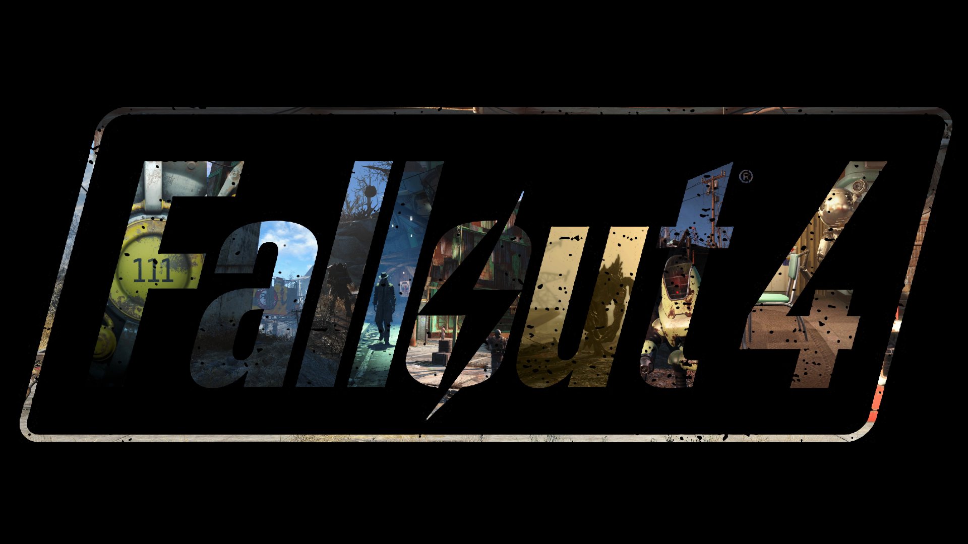 Fallout 4 video game logo on a black background: large stylized Fallout 4 letters filled with small post‑apocalyptic scenes and textures.