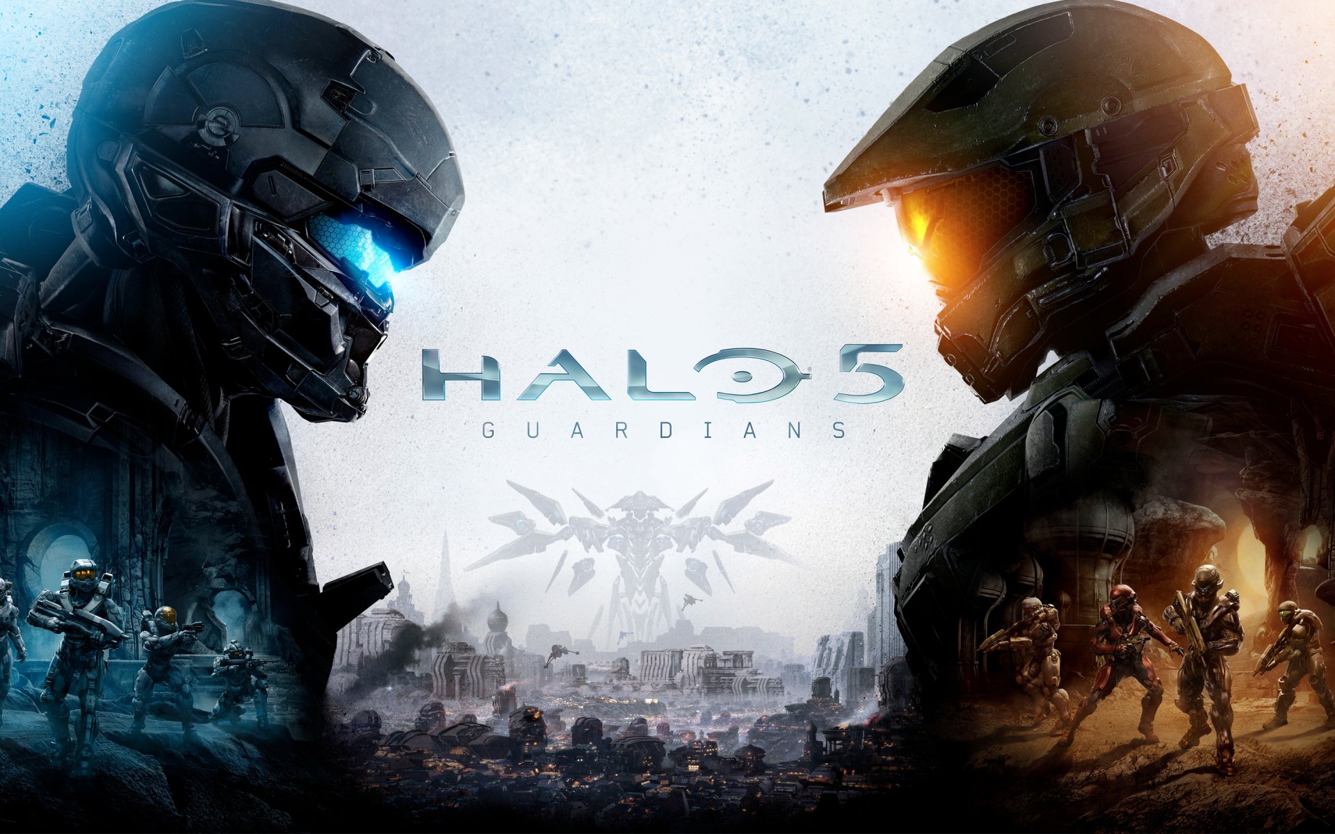 Two armored soldiers face each other against a war-torn city backdrop in a promotional image for the video game Halo 5: Guardians.