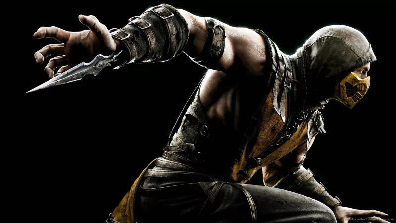 A dynamic character from the video game Mortal Kombat prepares for an attack, showcasing a fierce pose with signature weapons and a striking outfit against a dark background.