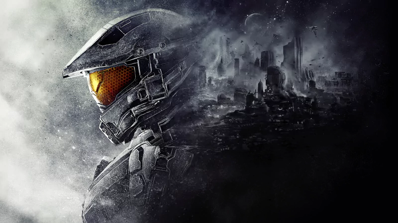 A dramatic image depicting a armored character from the video game Halo 5: Guardians, set against a backdrop of a war-torn cityscape, enveloped in mist and shadow.