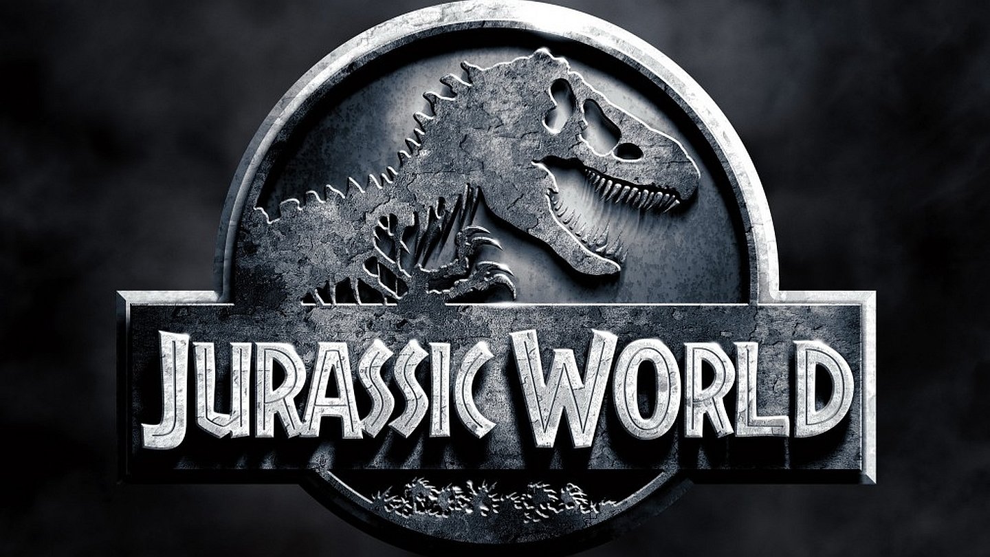 Movie logo for Jurassic World: metallic circular emblem featuring a T. rex skeleton silhouette and bold title.