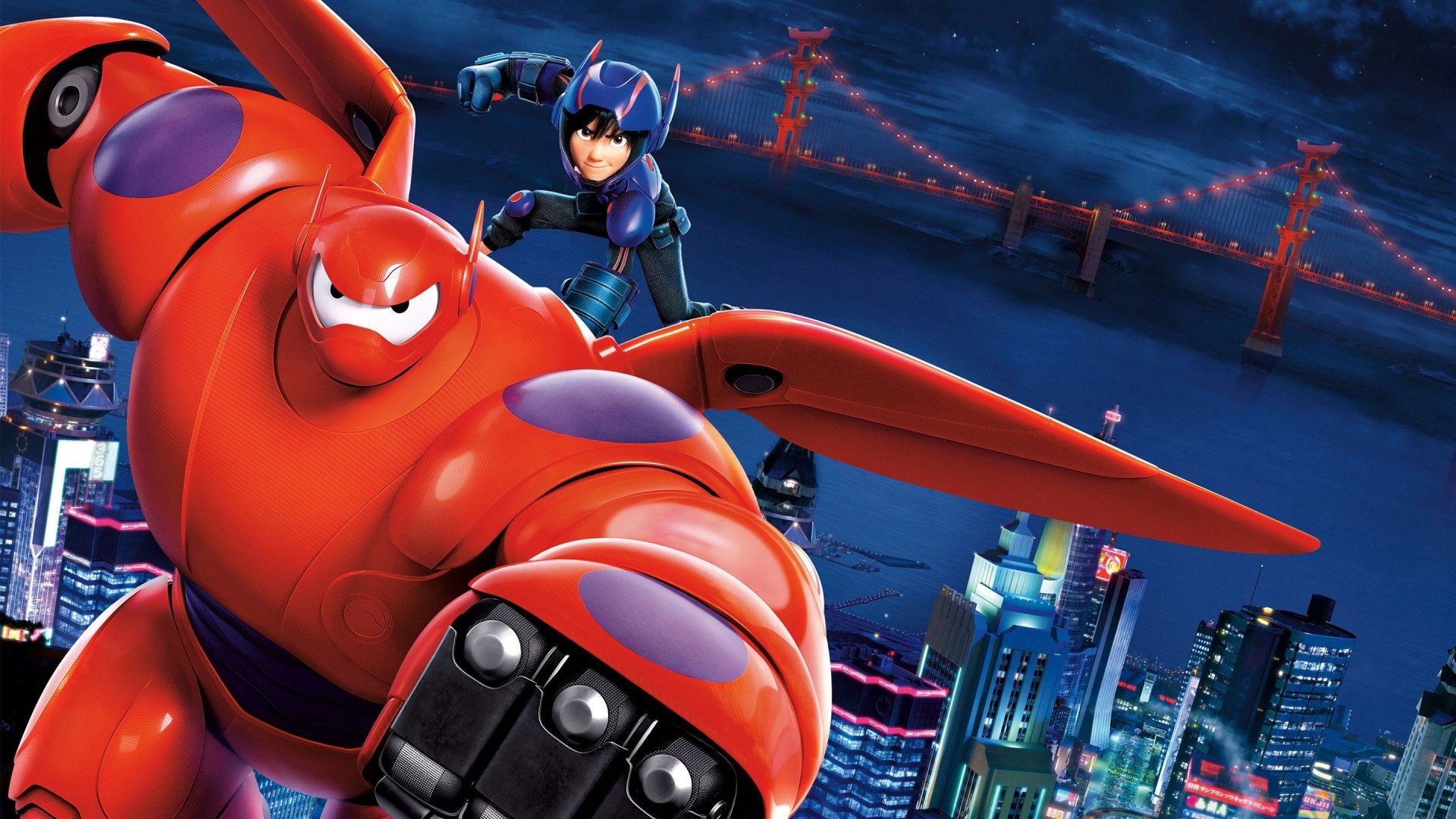 Baymax and Hiro from the movie Big Hero 6 soar over a neon-lit futuristic city at night, a glowing suspension bridge in the background.
