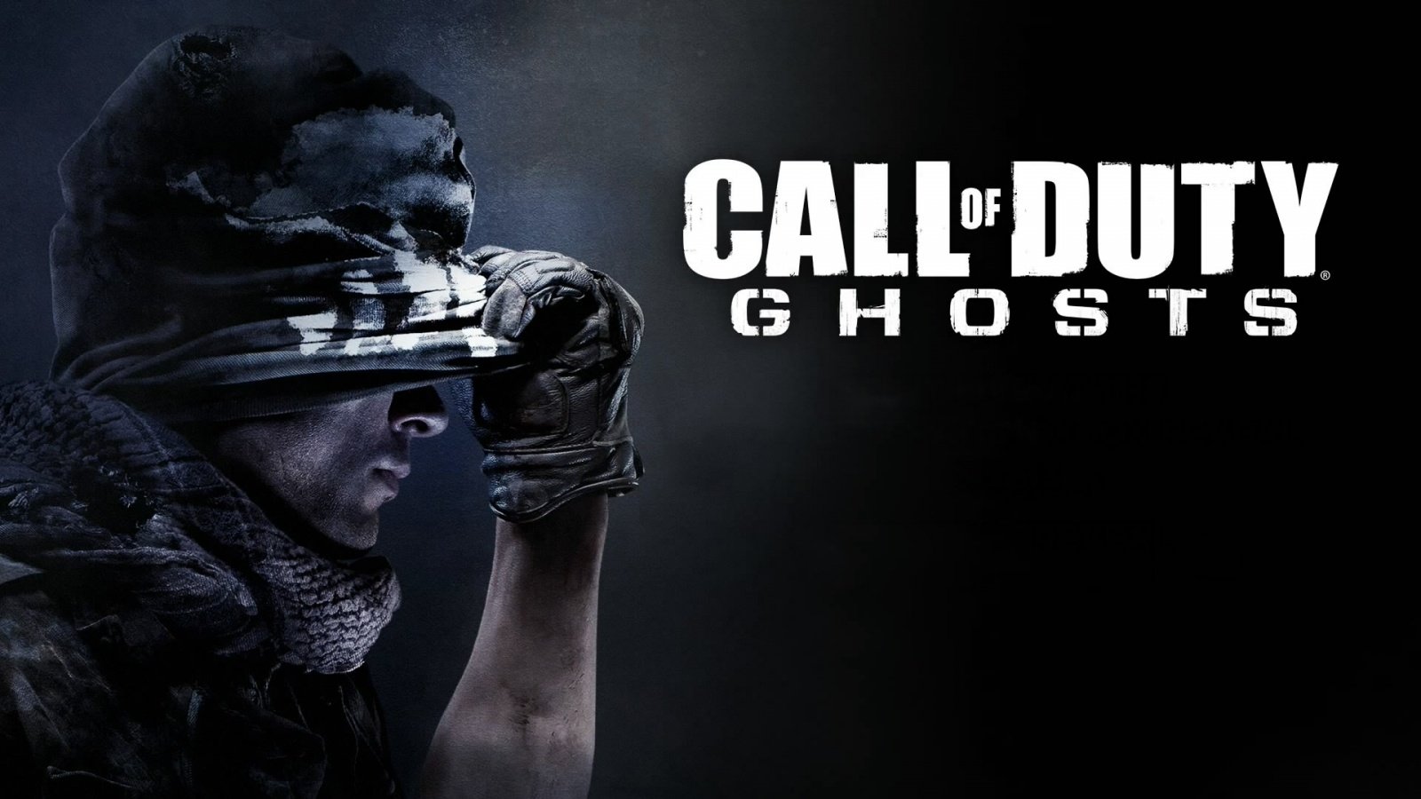 Dark, stealthy soldier with face partially covered, adjusting goggles beside the bold Call of Duty Ghosts title from the video game.
