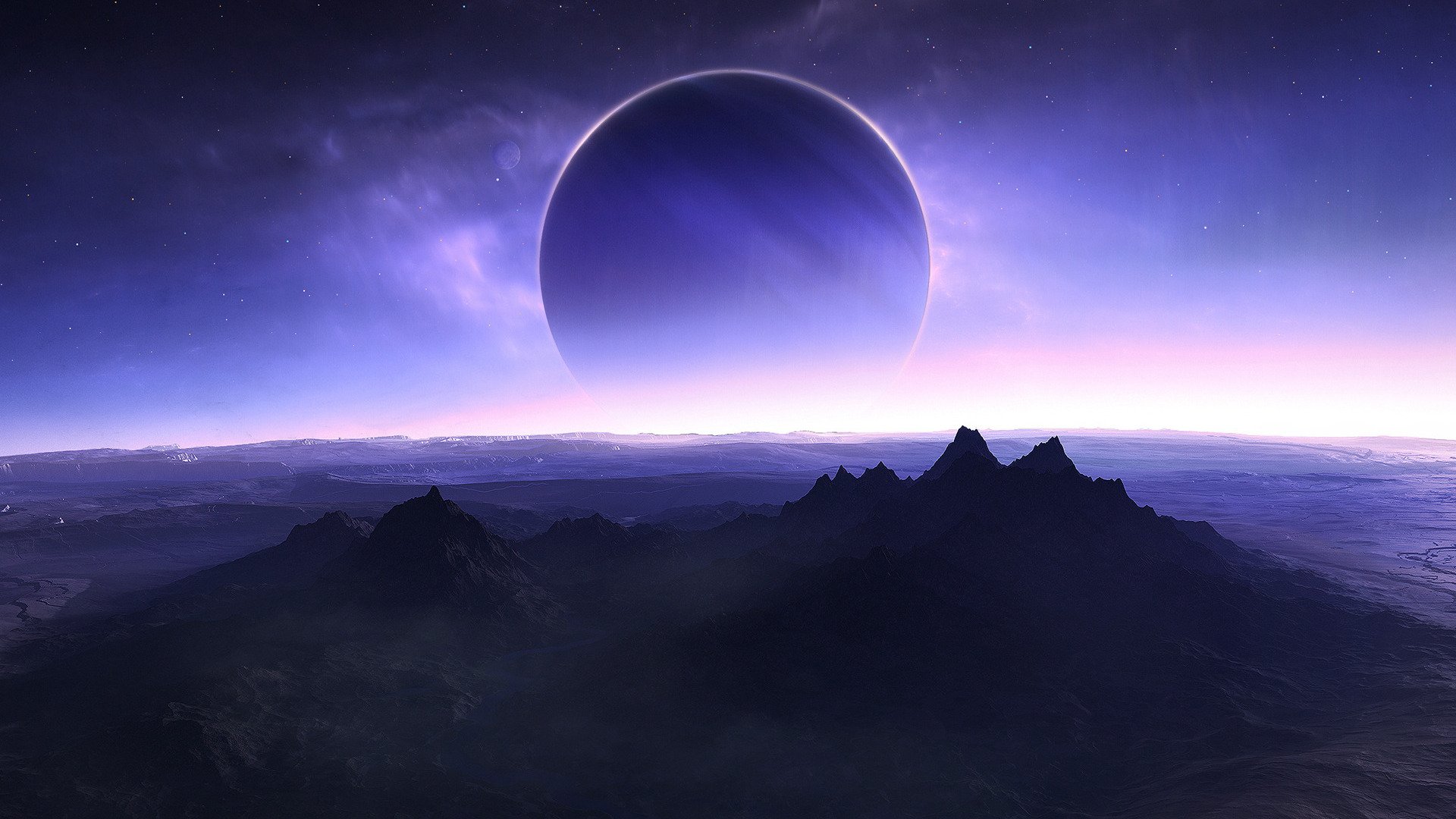 A sci-fi space scene featuring a large planet looming over a distant, jagged mountain range under a starry sky.