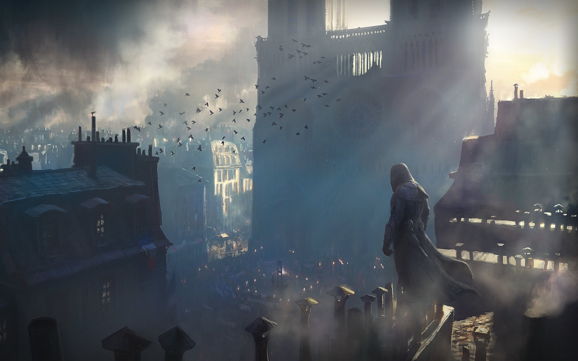 A cloaked figure overlooking a foggy, historical cityscape at dawn in the video game Assassin's Creed: Unity.