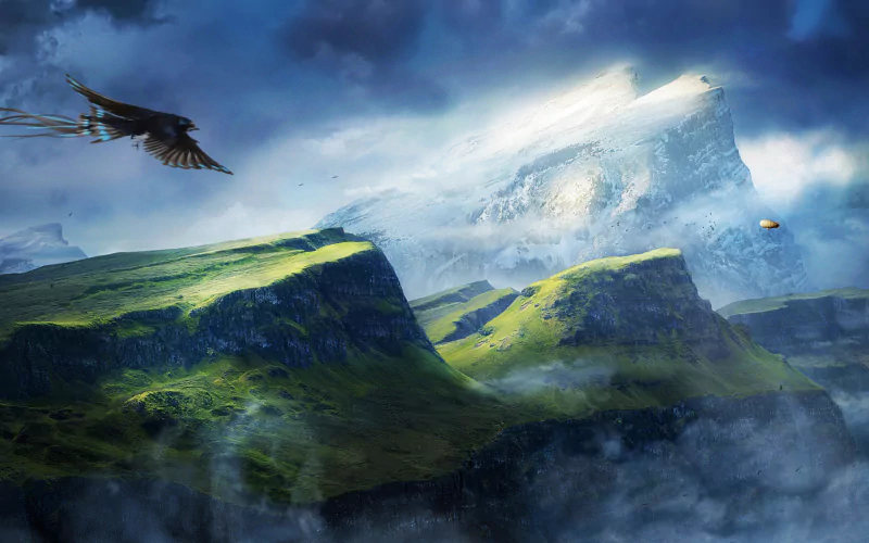 A dramatic landscape featuring majestic mountains and lush hills, enhanced through digital manipulation, with a soaring bird and distant elements adding to the captivating scene.