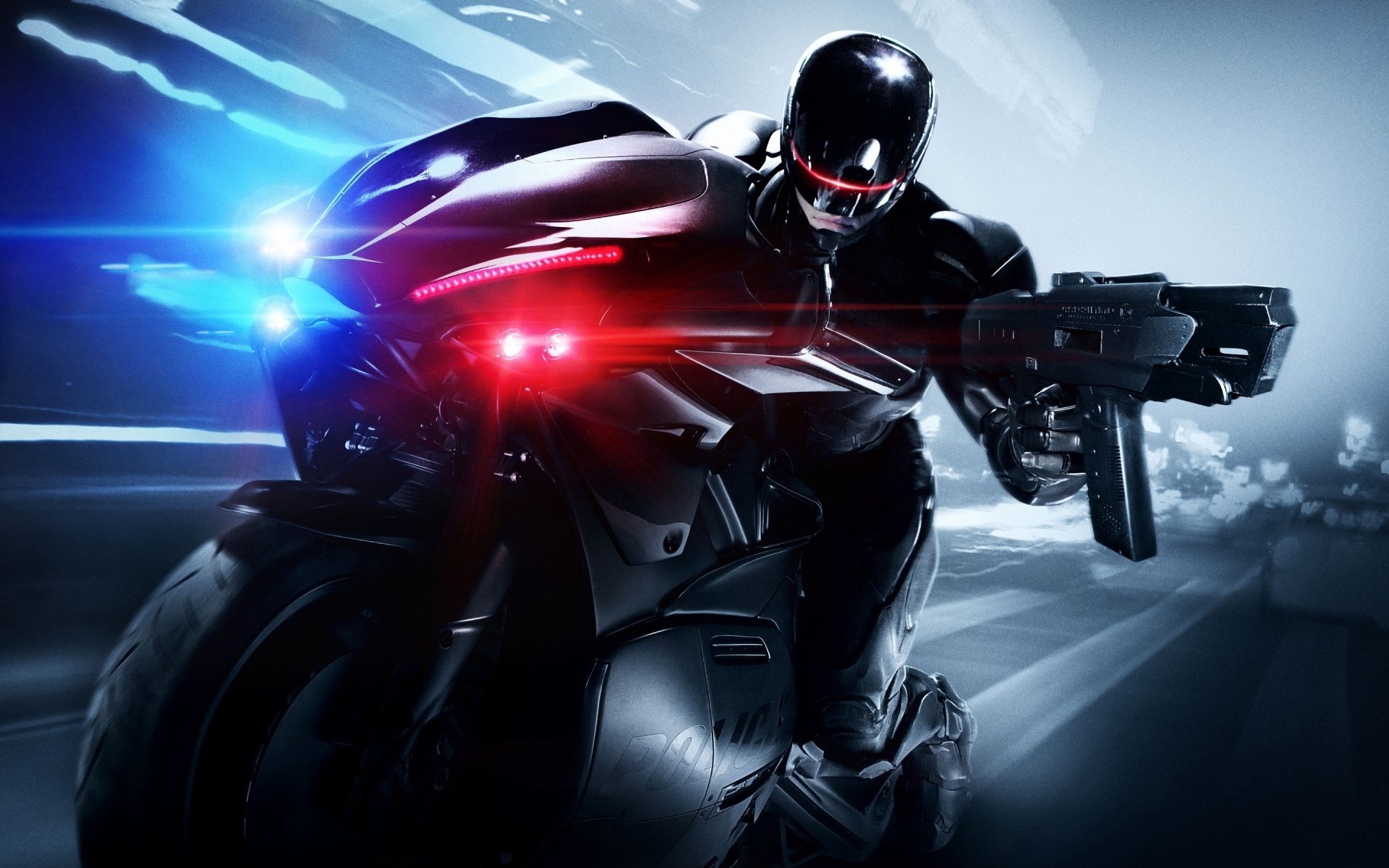 Robocop from the 2014 movie rides a futuristic motorcycle, armed and racing through a high-speed, neon-lit urban environment.