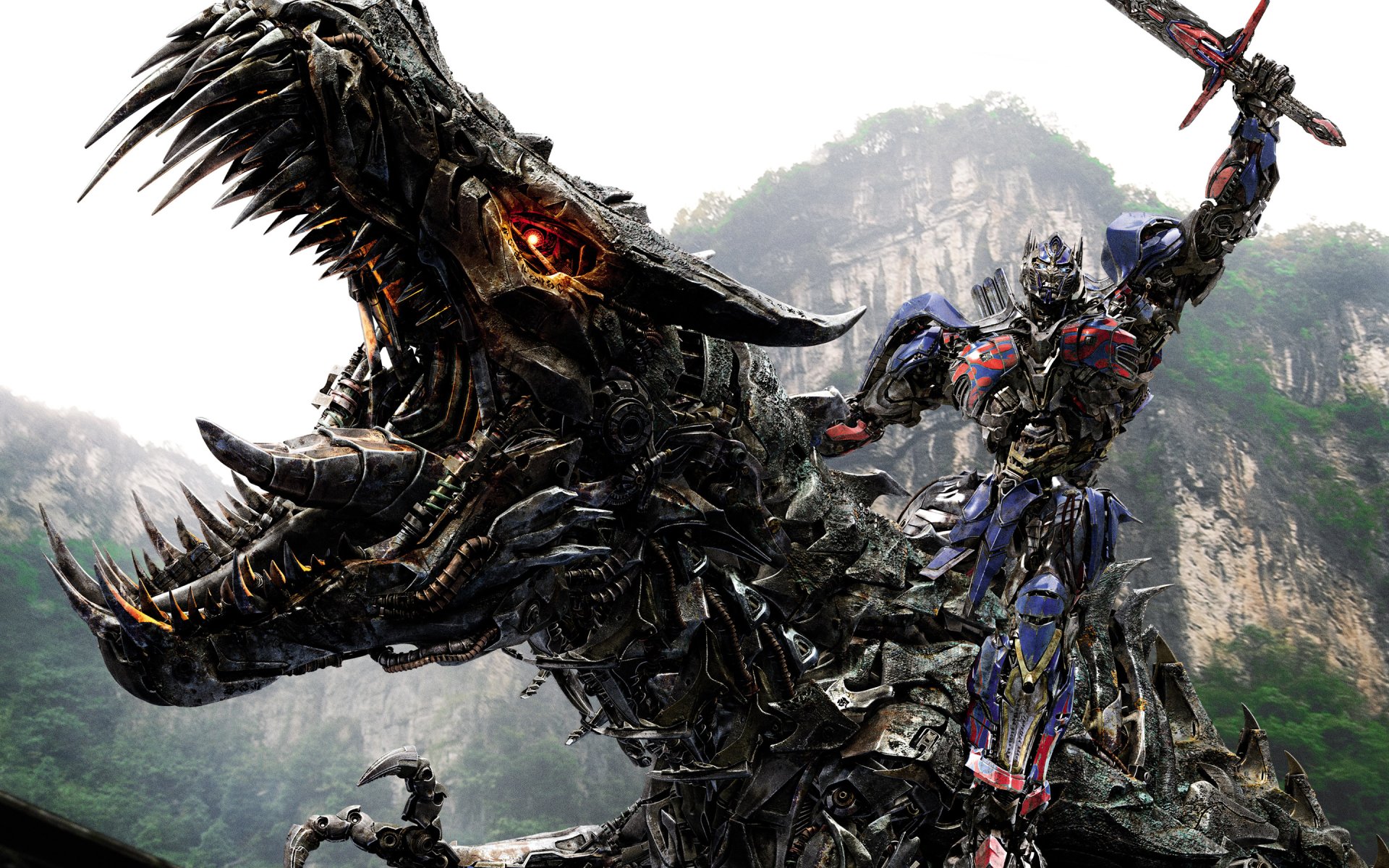 A fierce robotic dinosaur and a towering armored robot wielding a sword, scenes from the movie Transformers: Age of Extinction set against a mountainous background.