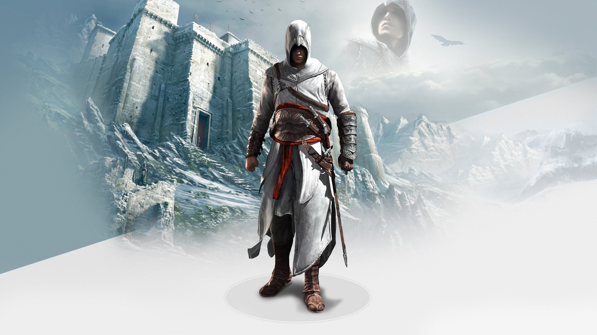 A character from the video game Assassin's Creed dressed in white robes and a hood, standing in front of ancient stone ruins and snowy mountains.