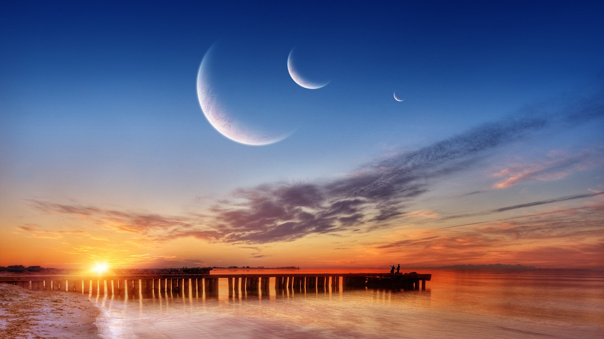 A serene nature scene at sunset featuring a pier over calm water beneath a dreamy sky with multiple crescent moons.