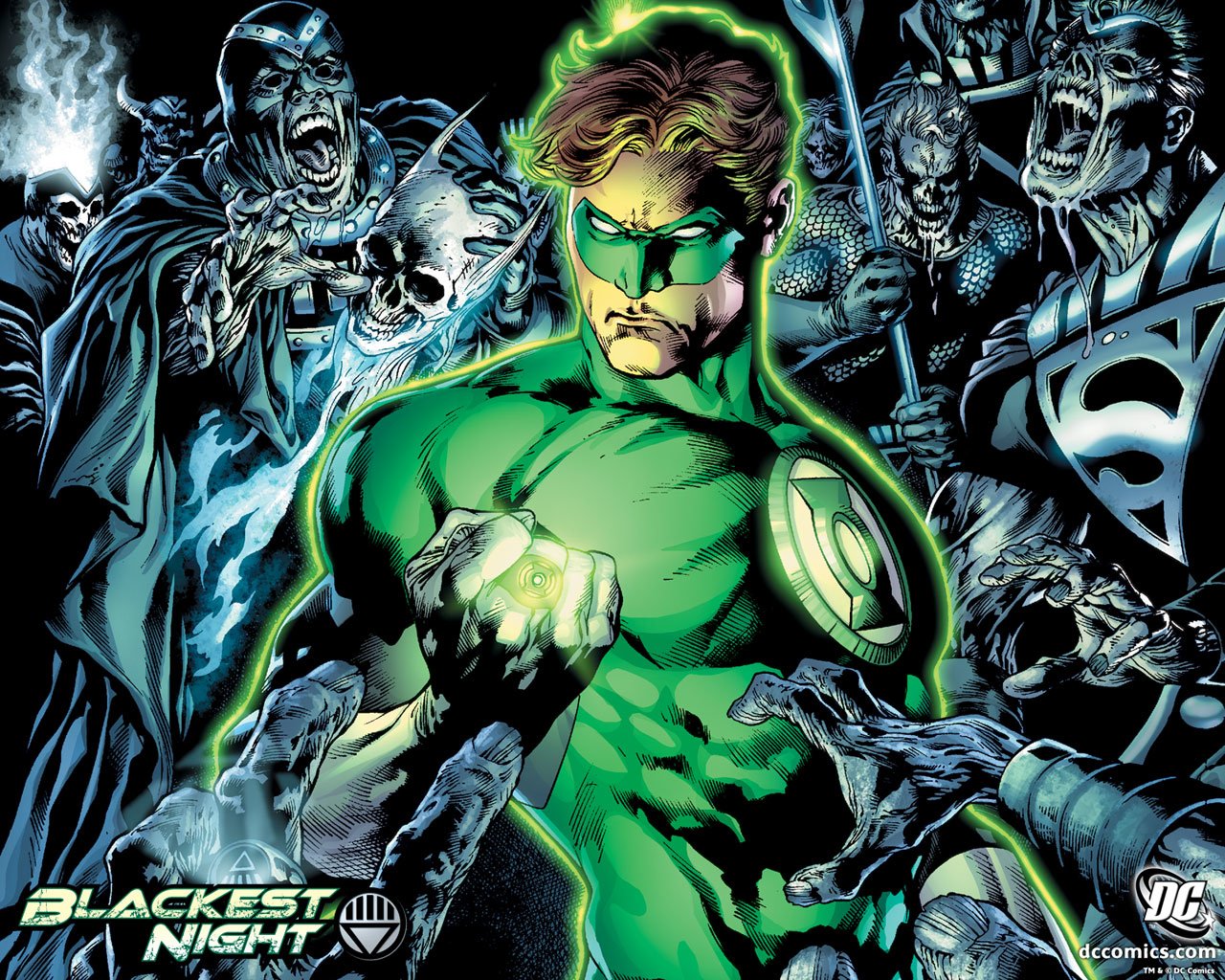 Comic art from Blackest Night featuring Green Lantern surrounded by menacing black lantern corps members with glowing green and blue energy effects.